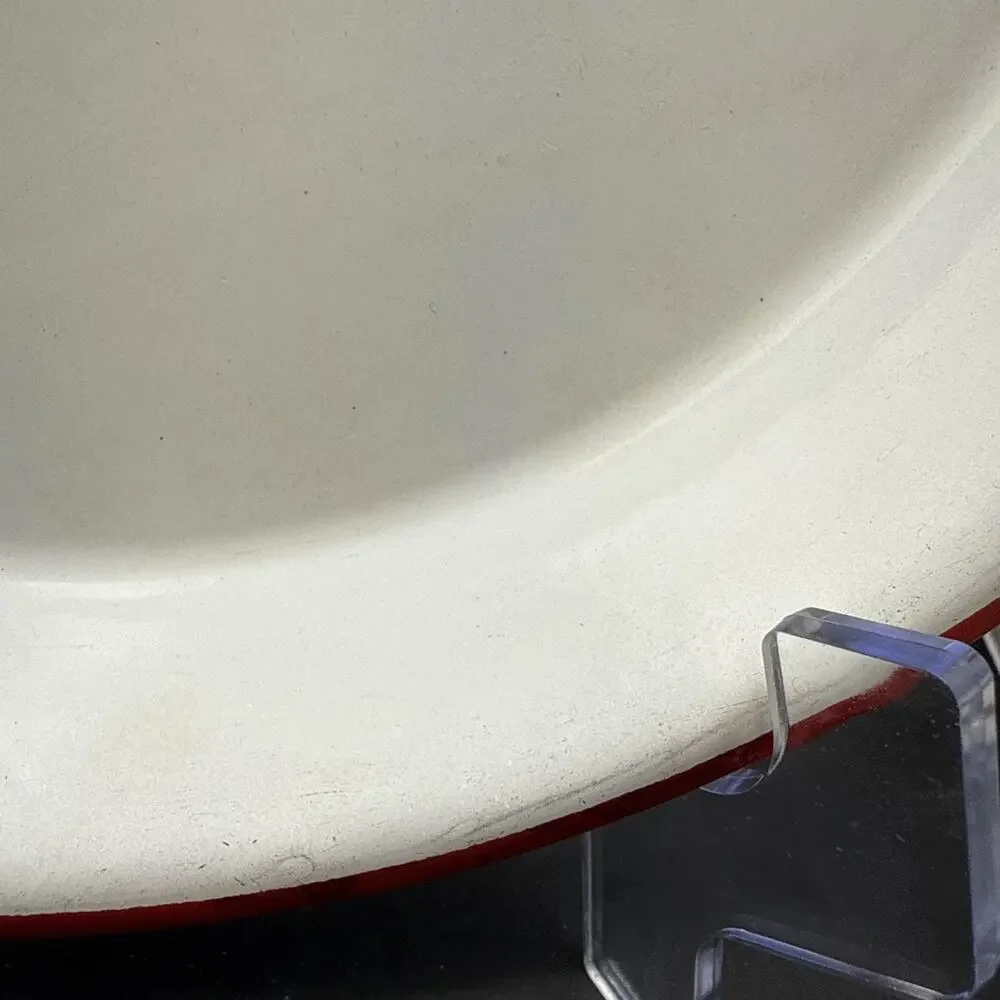 Vintage White Red Rim Enamelware Dinner Plate Farmhouse Camp Rustic 10 Inch